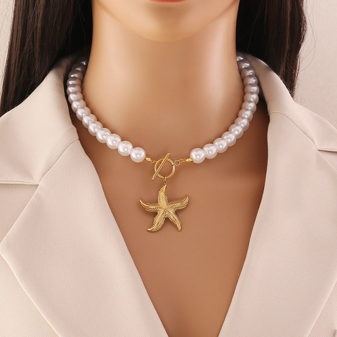 Starfish Scallop Conch Stainless Steel Faux Artificial Pearl Necklace Bracelet With T-Bar Clasp Fashion Ocean Jewelry For Women