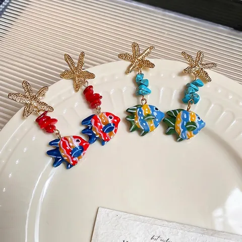 Oceanische Zeester Vis Hangende Oorbellen Gekleurde Kralen 925 Sterling Zilveren Oorbel Post Zomer Strand Vakantie Stijl