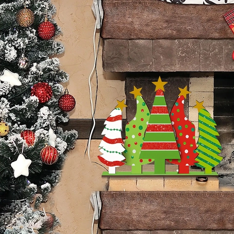 Wooden Christmas Tree Desktop Ornament Colorful Striped Polka Dot Patterns With Star Topper Festive Holiday Table Decor