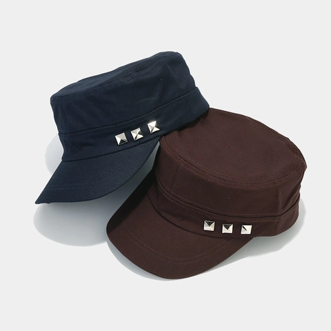 Cappello Cadet Vintage 100% Cotone Cappello Militare A Cima Piatta Con Borchie Metalliche Regolabile Protezione Solare Per Uomo Donna