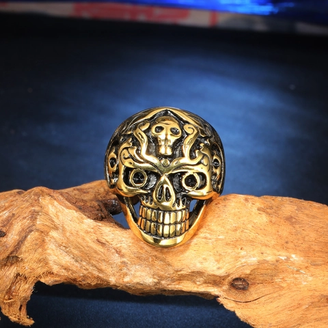 Retro Stainless Steel Skull Ring For Men Gothic Punk Rock Ghost Head Ring Biker Jewelry Silver Gold Black Finger Band