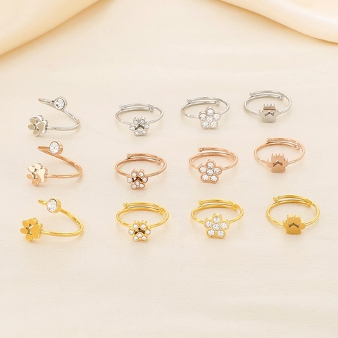 Adjustable Open Ring Stainless Steel Zircon Rhinestone Cat Paw Flower Footprint Cute Cartoon Jewelry For Women