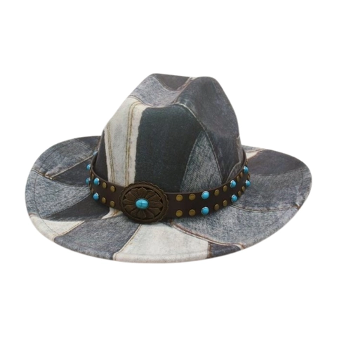 Vintage Western Cowboy Hat Denim Patchwork Cotton Polyester With Faux Leather Turquoise Belt Metal Buckle Wide Brim