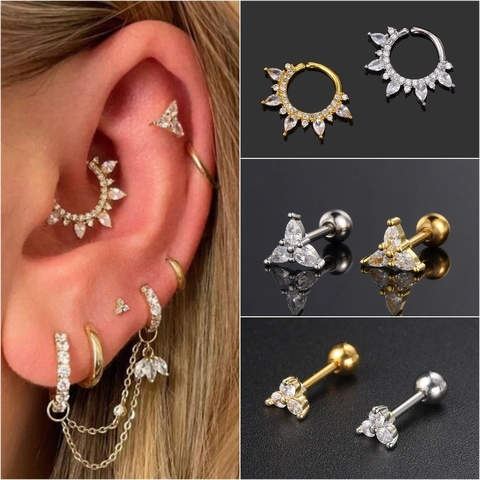 Mode Kupfer Zirkonia Ohrknorpel Ohrstecker Birnenförmige Blume Piercing Schmuck Für Damen Gold Silber Schraubverschluss