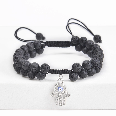 Hamsa Hand Böser Blick Naturstein Lava Tigerauge Verstellbares Geflochtenes Armband Lagendesign Spiritueller Schutz