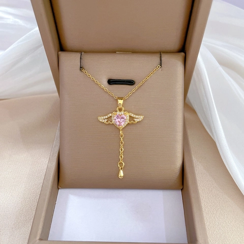 Herz-Anhänger-Halskette Mit Engelsflügeln Rosa Zirkon Edelstahlkette Kupfer Quaste Anhänger Für Frauen Eleganter Schmuck