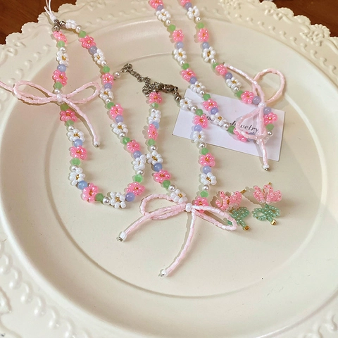 Süße Blumen Schleife Halskette Aus Legierung Samenperlen Faux Künstliche Perlen Und Kristallen Frischer Stil Schmuck Für Damen