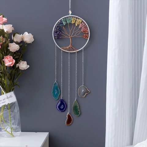 Tree Of Life Dream Catcher Natural Agate Slices Crushed Crystal Stones Chakra Wall Hanging Ornament Handmade Bohemian