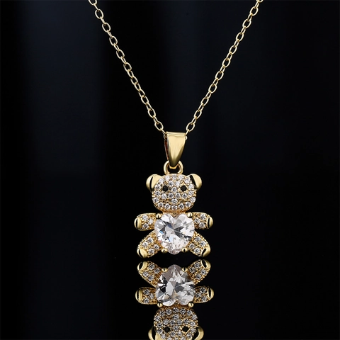 Collier Pendentif Ours En Peluche Mignon Cuivre Plaqué Or Pierre Cœur Micro Pavé Zircon Bijoux Pour Femmes