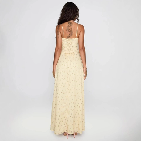 Französischer Stil Geblümtes Maxikleid Mit Spaghettiträgern Schnürung Hinten Und Kordelzug Vorne Gerüschte Brust Sommer