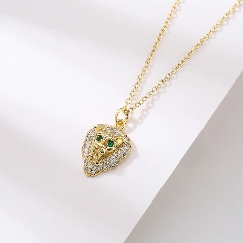 Collana Pendente Testa Di Leone Leopardo Rame Placcato Oro Zirconia Occhi Verdi Gioielli Stile Hip Hop INS