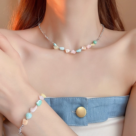 Conjunto De Joyas De Piedra Natural Cuentas De Concha Chips Irregulares Aleación Hematita Pulsera Collar Para Mujer Estilo Dulce