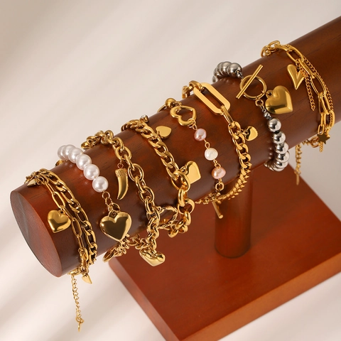 Stainless Steel Heart Pendant Toggle Clasp Faux Artificial Pearl Bracelet For Women Fashion Jewelry Non-Fading Gold Plated Accessory