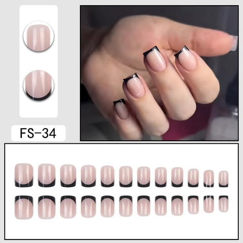 Press On Nails French Tip Square Short Black Pink Minimalist Detachable Reusable Manicure For Women