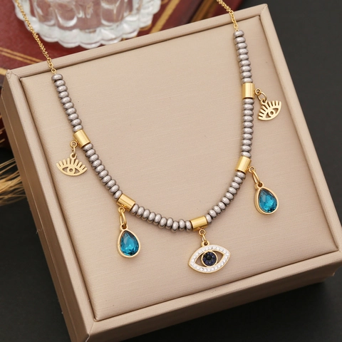 Böser Blick Anhänger Halskette Edelstahl Perlen Strass Wassertropfen Hamsa Blume Schmuck Für Damen