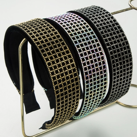 Diadema Vintage Acolchada de Borde Ancho con Strass para Mujer Banda para el Cabello Geométrica de Rejilla Brillante Terciopelo Barroco