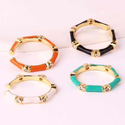 Bambus Form Offener Ring Messing Vergoldet Bunte Emaille Geometrisch Eingelegter Zirkonia Retro Mode Schmuck Für Damen