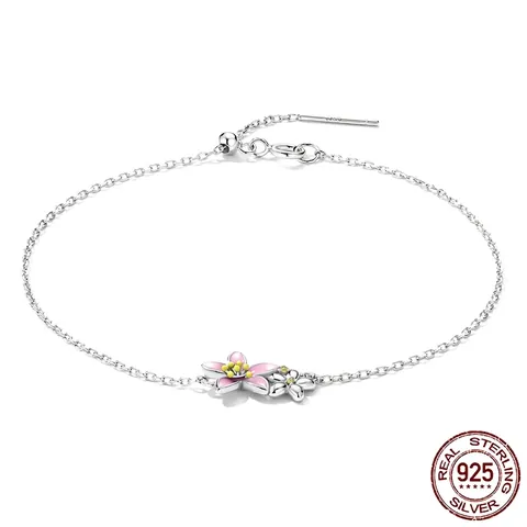 925 Sterlingsilber Kirschblüte Blume Armband Für Damen Rosa Emaille Doppelte Blume Verstellbare Kette Mode Schmuck Geschenk