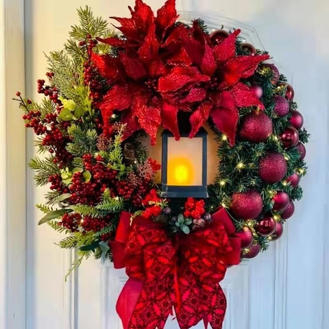 Ghirlanda Di Natale Con Lanterna LED Fiori Di Poinsettia Rossi Bacche Pigne Per Decorazione Porta Ingresso Parete