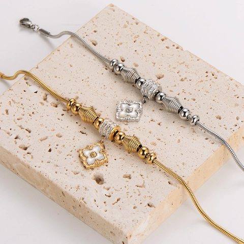 Pulsera De Acero Inoxidable Nácar Trébol Flor Encanto Cadena De Serpiente Strass Para Mujeres