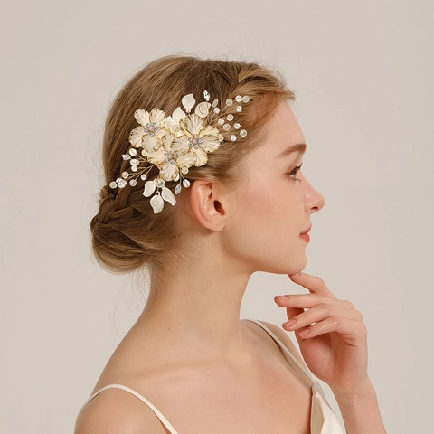 Handgefertigte Blumen Haarspange Mit Künstliche Perlen Und Strass Braut Hochzeit Party Accessoire Fee Stil Für Frauen