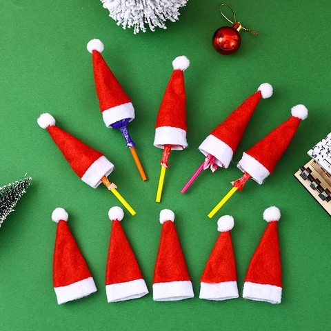 Mini Chapeaux De Noël Porte-Couverts Couvercles De Sucettes Tissu Bonnets De Père Noël Pour Décoration De Table De Fête