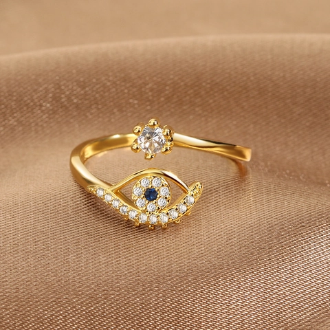 Trendy Copper Zirconia Evil Eye Open Ring For Women Bohemian Adjustable Gold Silver Plated Fashion Jewelry Finger Ring