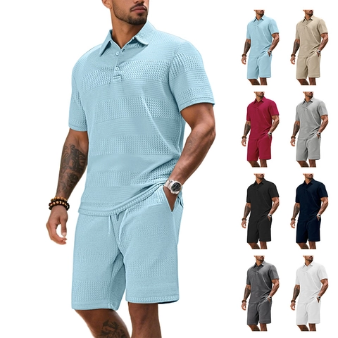 Polo E Pantaloncini Da Uomo Trama A Nido D Ape Estate Casual Tinta Unita Revers Maniche Corte Coulisse Pantaloni Corti