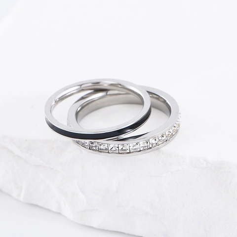 Anillo Minimalista De Acero Inoxidable 304 Circonita Cúbica Diamantes De Imitación Esmalte Negro Joyería De Moda Para Mujeres Niñas