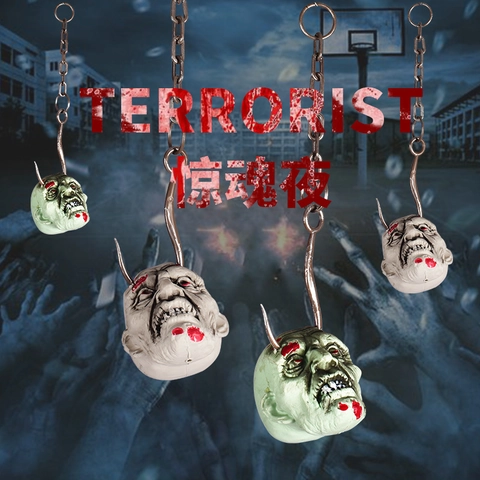 Halloween Scary Meat Hook Chain Zombie Head Hanging Decor Haunted House Secret Room Yard Horror Plastic Props Decoration