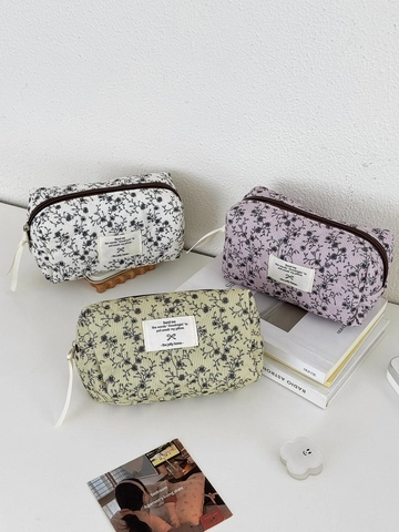 Octagonal Floral Corduroy Makeup Bag Quilted Cosmetic Pouch Vintage Zipper Toiletry Organizer Travel Portable For Women