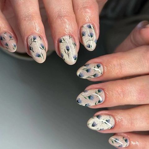 Press On Nails Short Almond Fake Nails Blue Flower Cat Eye Glitter Design ABS Plastic Wearable For Women