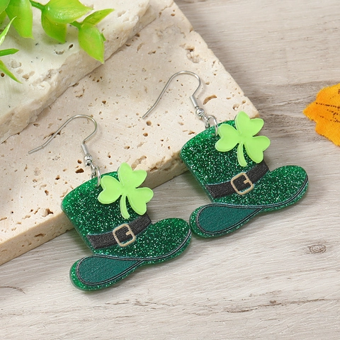 St. Patricks Day Hängeohrringe Grün Acryl Glitzer Kleeblatt Frosch Lippen Hut Form Feiertagsschmuck Für Damen