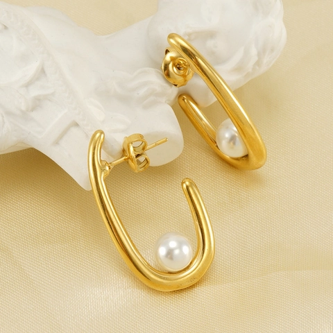 U-Shaped Artificial Pearl Earrings Stainless Steel 18K Gold Plated Geometric Minimalist French Style Jewelry For Women