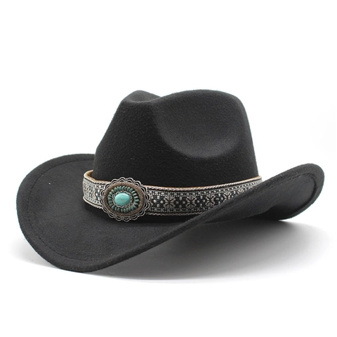 Western Cowboy Hat Woolen Felt Wide Brim Ethnic Band Turquoise Bead Retro Fedora Jazz Cap For Men Women Bohemian