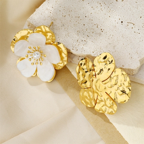 Flower Stud Earrings Stainless Steel With Resin Petals And Imitation Artificial Pearl Layered Gold Plated Vintage Jewelry For Women