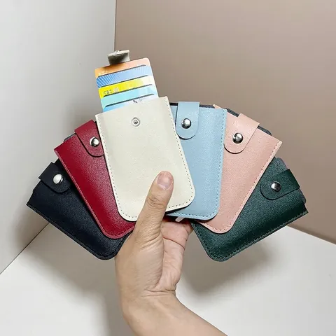 Slim Card Holder PU Leather Litchi Grain Pull-out Design Multi Slot Metal Snap Button Portable Organizer For Unisex