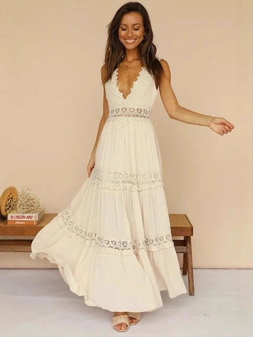 Damen Boho Spitze Maxi Kleid Tiefer V Ausschnitt Ärmellos Rückenfrei Gestuftes Patchwork Weiß Urlaub Langes Kleid