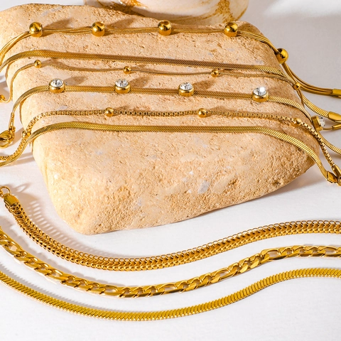 Women Stainless Steel Bracelet 18K Gold Plated Layered Snake Chain Beaded Cubic Zirconia Inlaid Adjustable Elegant