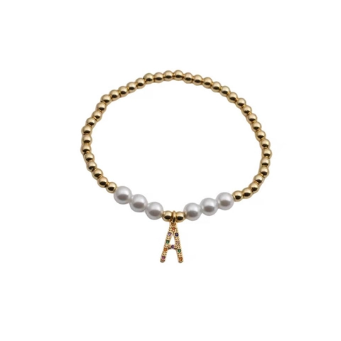 Alphabet Pendant Copper Bead Bracelet White Imitation Artificial Pearl Rainbow Zircon Handmade Elastic Fashion Jewelry For Women