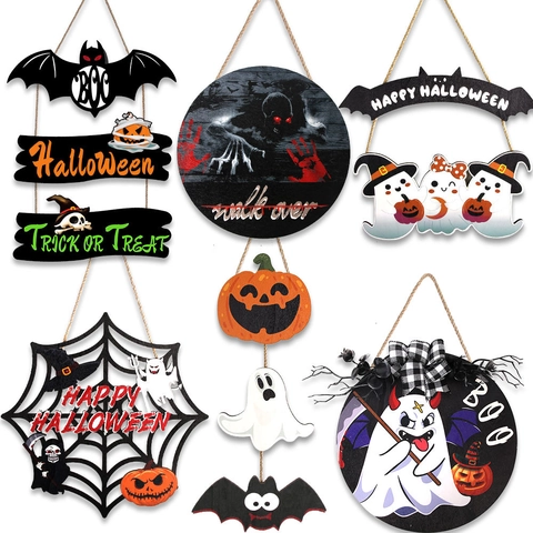 Targa Appesa Halloween Legno Zucca Fantasma Pipistrello Ragnatela Segno Porta Portico Parete Decorazione Festa Casa Stregata