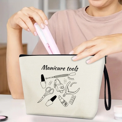 Portable Canvas Makeup Bag With Zipper Multi Functional Travel Toiletry Pouch Organizer With Wrist Strap Minimalist