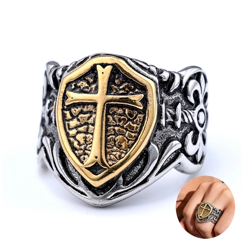 Anello A Scudo Con Croce Da Uomo In Acciaio Inossidabile Retrò Bicolore Gotico Hip Hop Gioielli