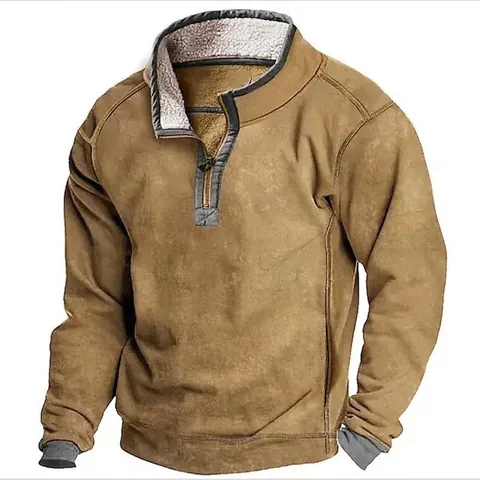 Men Casual Polyester Fleece Lined Sweatshirt Stand Collar Quarter Zip Pullover Long Sleeve Top Solid Color Winter Warm Outdoor Clothing