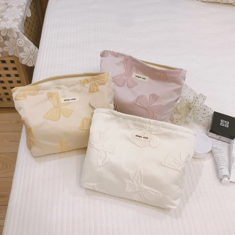 Bowknot Jacquard Cosmetic Bag Elegant Vintage Fabric Makeup Organizer Zipper Clutch Portable Travel Storage Pouch Women