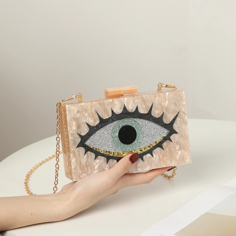 Borsa Da Sera In Acrilico Donna Motivo Occhio Glitter Marmo Perla Artificialto Rigida Tracolla Festa