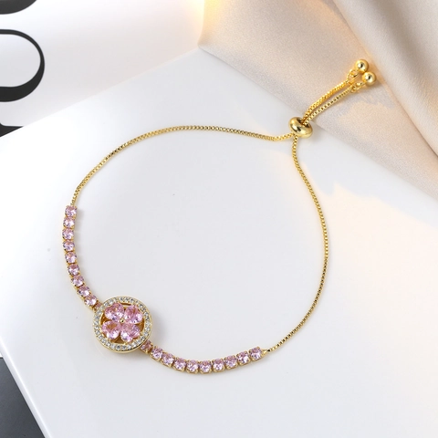 Elegante Roze Hart Klaver Armband Voor Vrouwen Legering Zirkoon Bloem Verstelbaar Trekkoord Schuifsluiting Sieraden