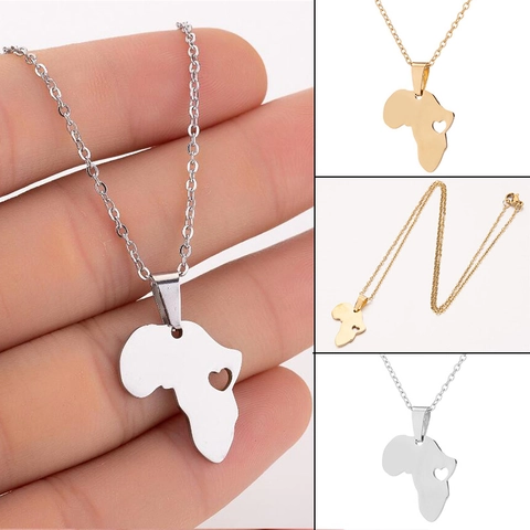 Afrika Karte Umriss Anhänger Halskette Edelstahl Hohl Herz Hip Hop Mode Schmuck Für Frauen Männer Gold Silber