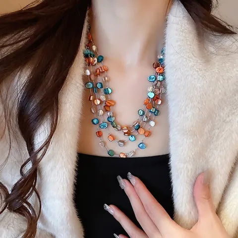 Mehrlagige Halskette Und Armband Mit Unregelmäßigen Muschelperlen Böhmischer Ethno-Stil Schlüsselbeinkette Damen Urlaub