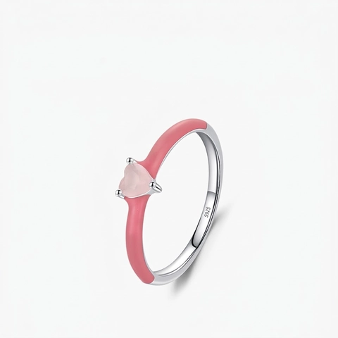 Herz Pink Zirkon Ring 925 Sterling Silber Rosa Emaille Süß Für Frauen